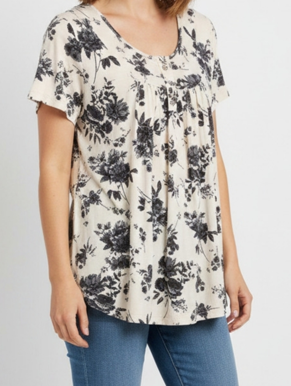 Floral Scoop Neck Short Sleeve Top - Cream & Black